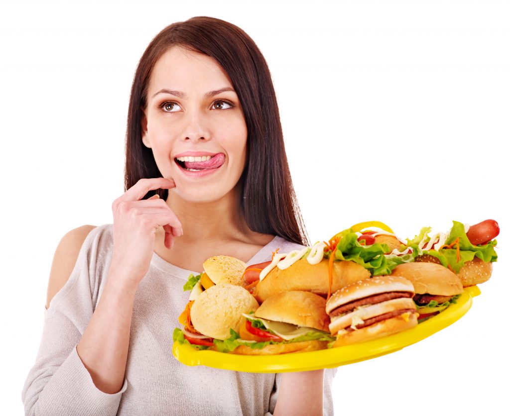 Thin woman holding group hamburger.