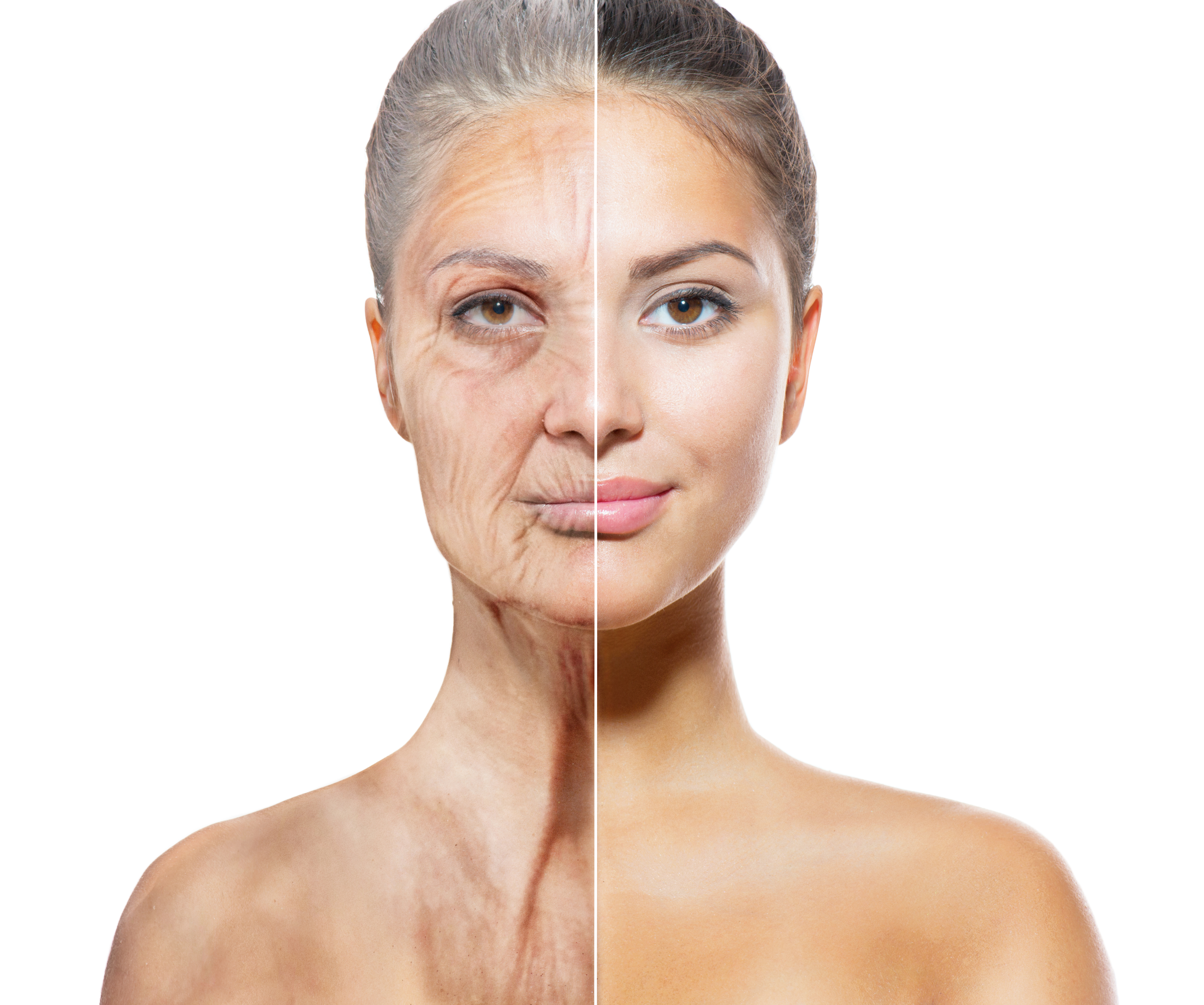 Aging and Skincare Concept. Faces of Young and Old Women